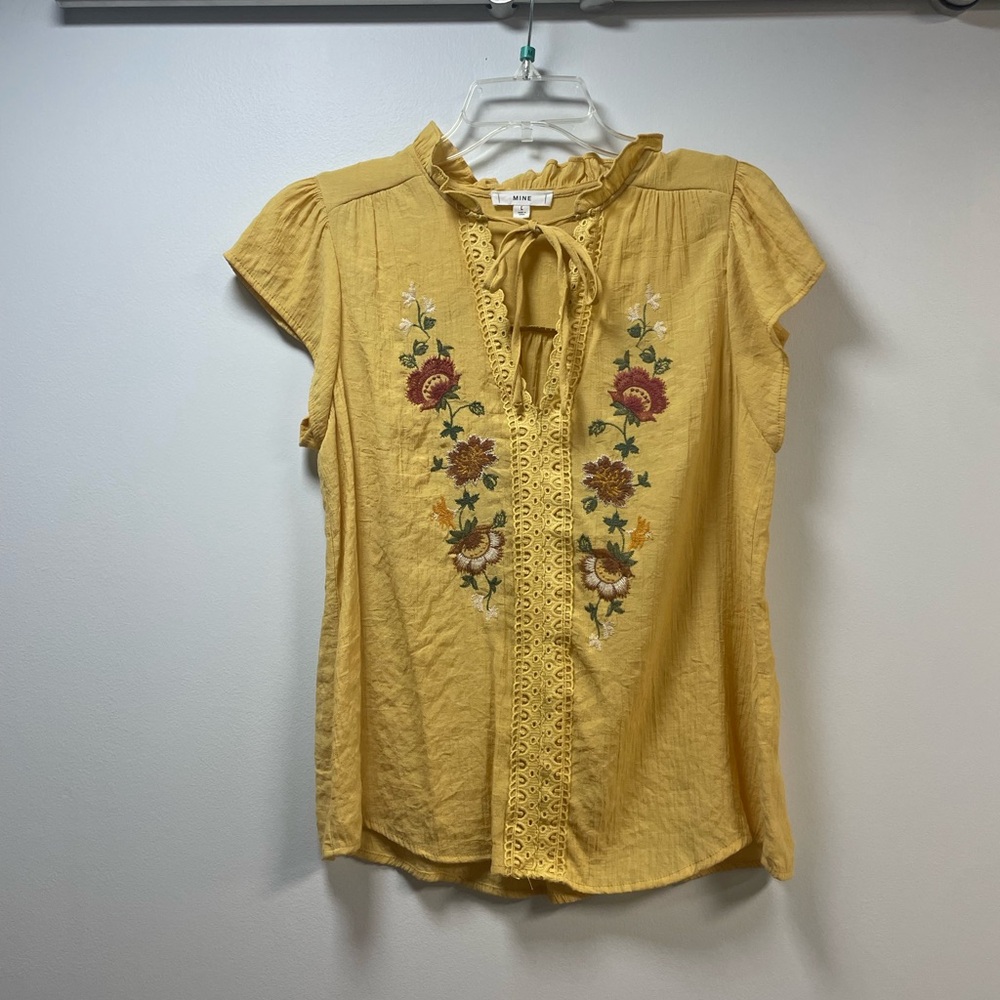 Yellow Mine Embroidered Lace Floral Women's Top Large